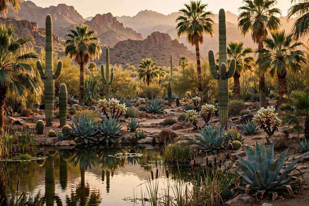 Desert botanical garden with cacti and palm oasis near Palm Desert